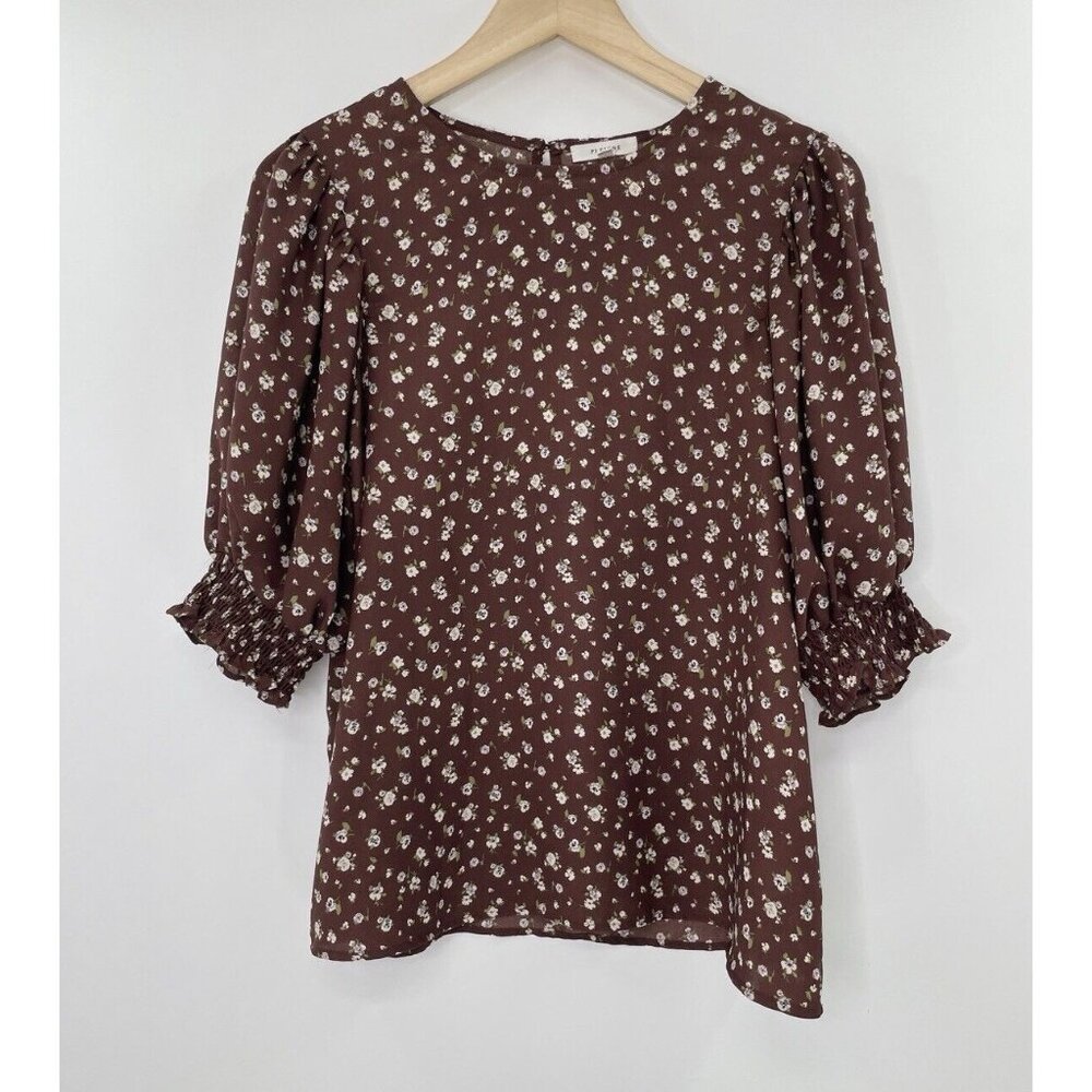 Pleione‎ Brown Chiffon Floral Puff Slv Blouse XS Cottage Prairie Boho Mori Kei